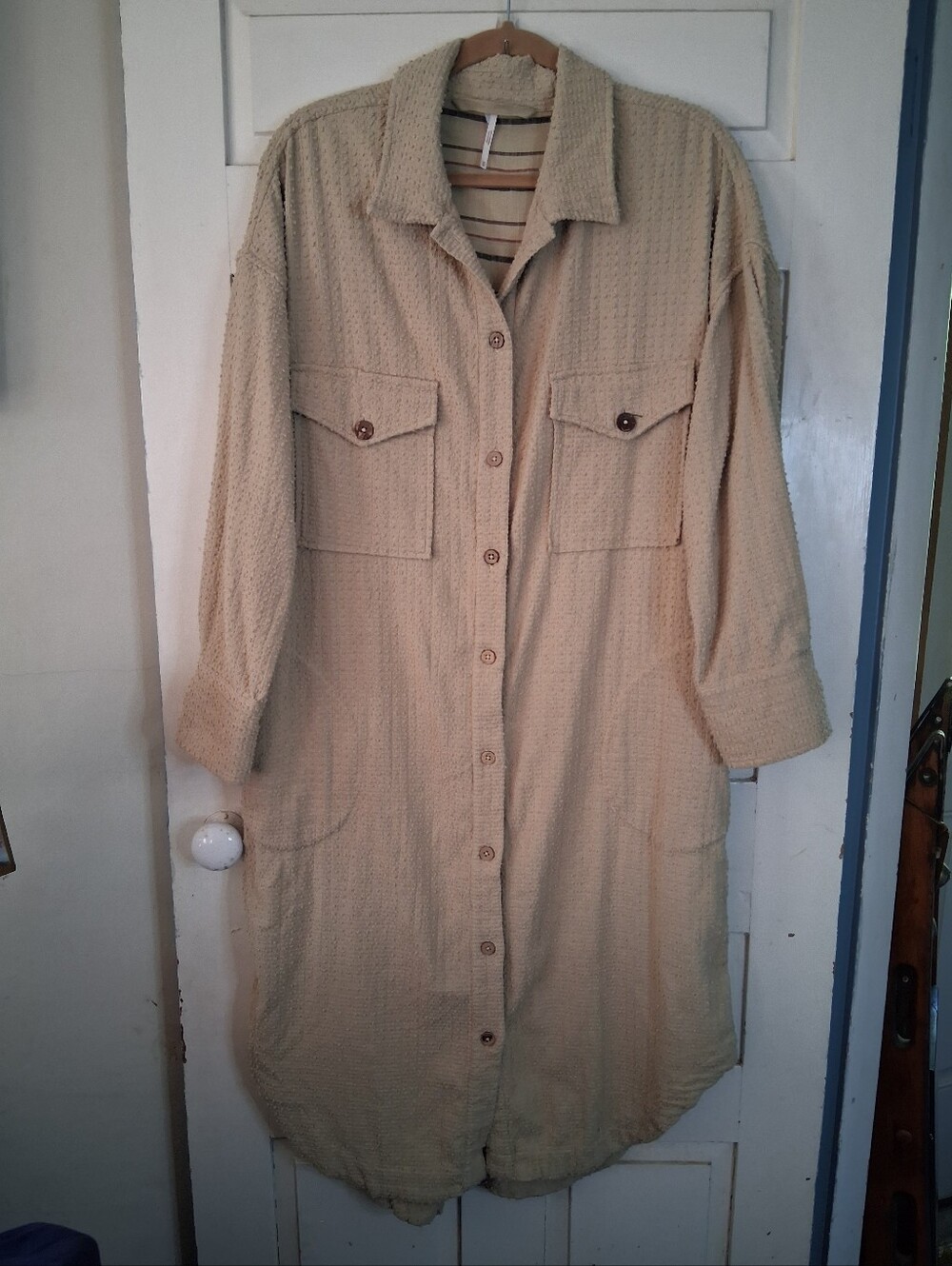 Free People Tan Button-Front Long Dress Duster Shirt Jacket Textured Cotton Sz M